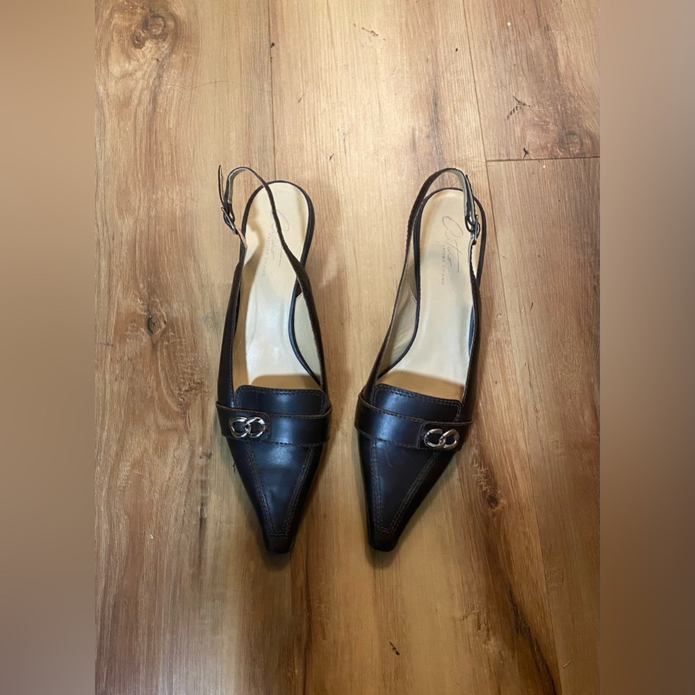 Dark Brown Kitten Heel Slingbacks with Silver Chain Detail